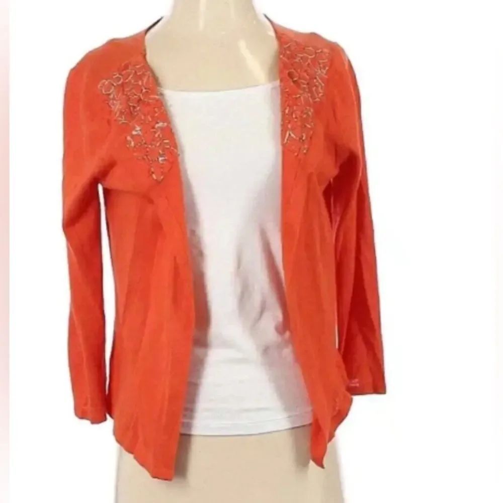 J.Jill L Women's CardiganSweater LINENBLEND Orange Knit Embroidered Open Front.